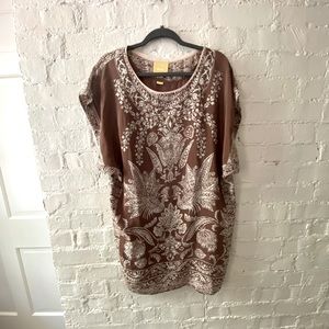 Anthropologie Maeve Silk Patterned Boho Brown Shift Dress